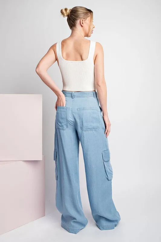 Chambray Mineral Washed Cargo Straight Leg Pants