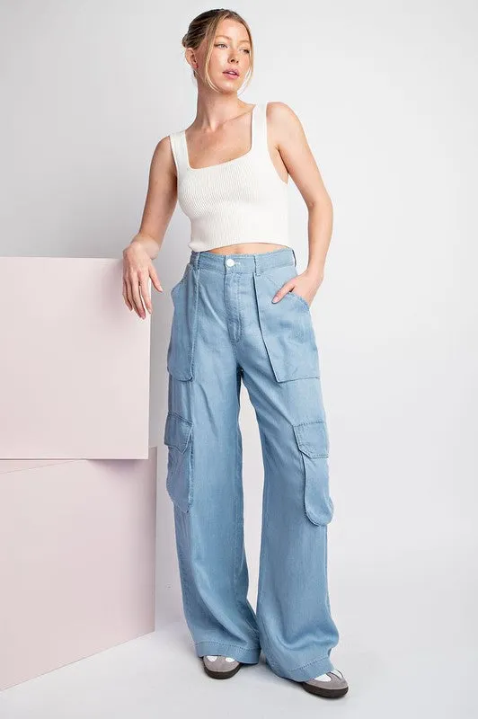 Chambray Mineral Washed Cargo Straight Leg Pants