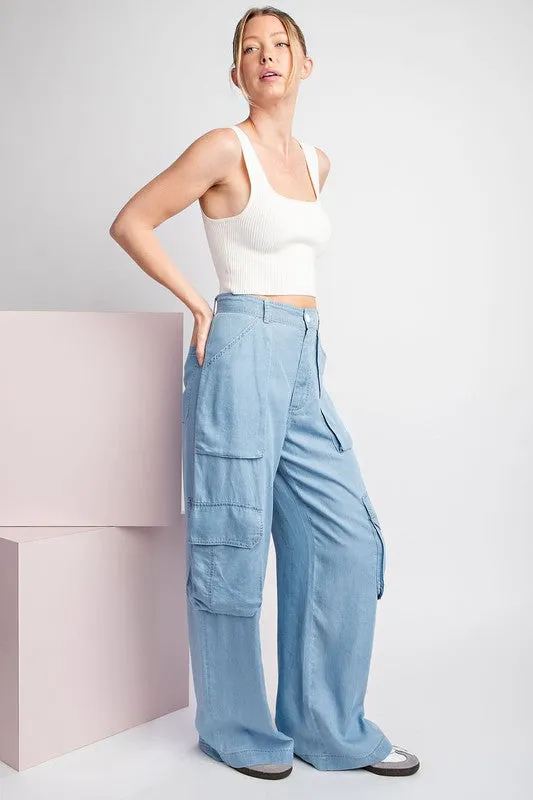 Chambray Mineral Washed Cargo Straight Leg Pants