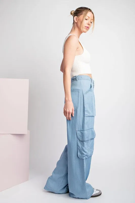 Chambray Mineral Washed Cargo Straight Leg Pants