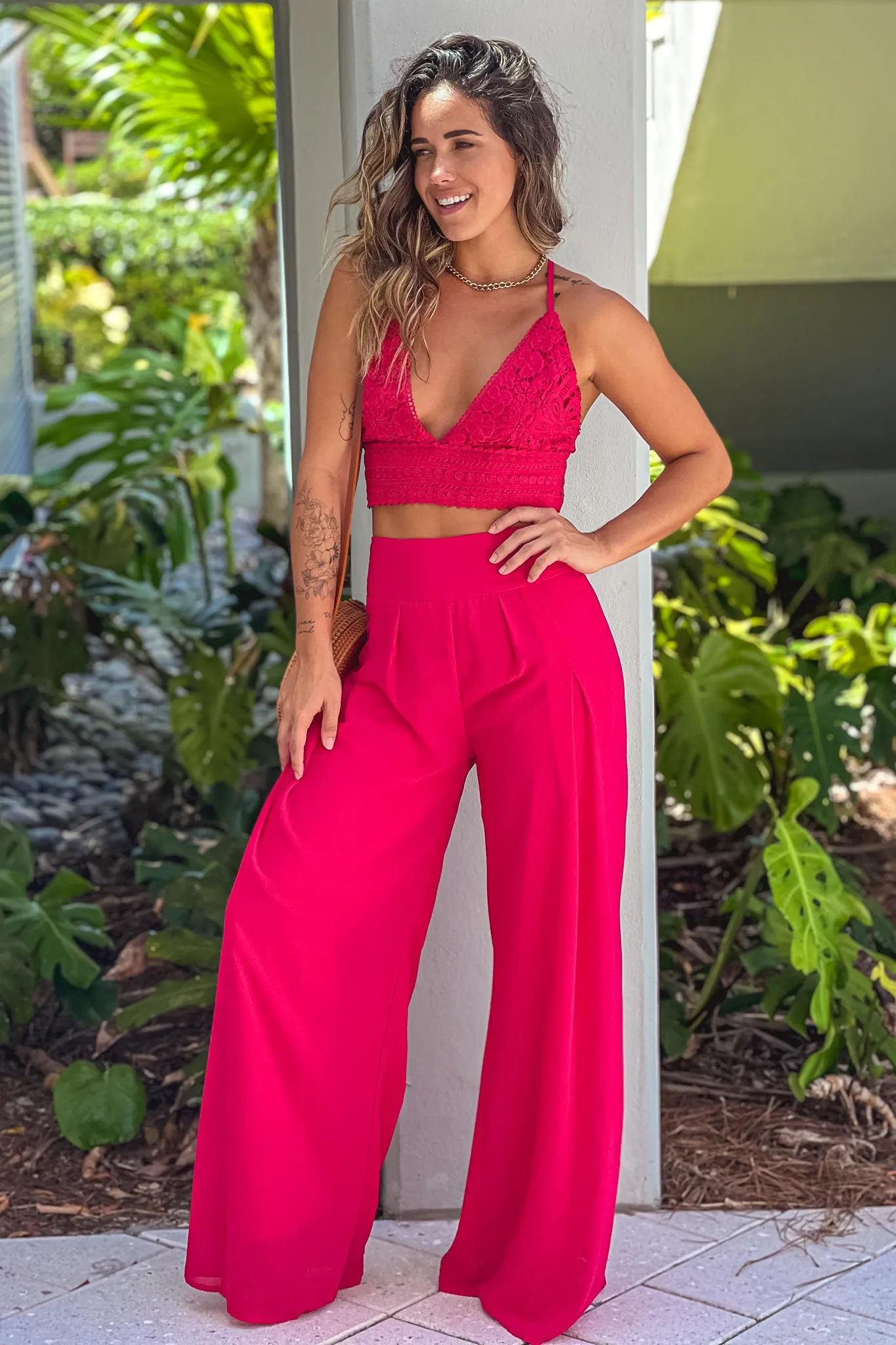 Cherry Crochet Top And Palazzo Pants Set
