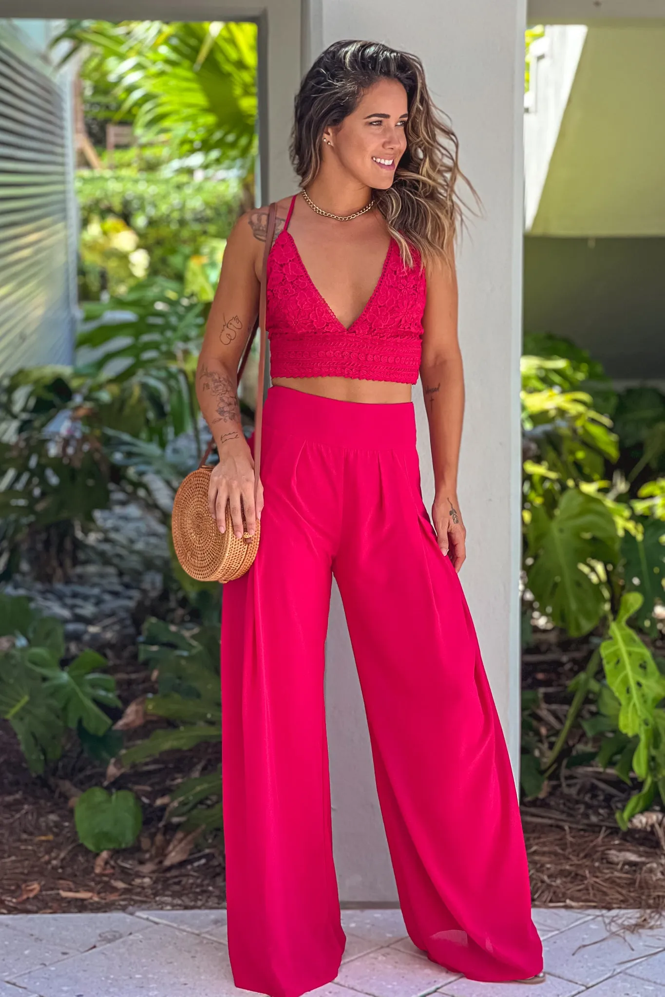 Cherry Crochet Top And Palazzo Pants Set