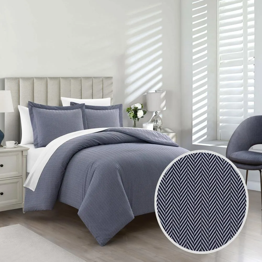 Chic Home Laurel Duvet Cover Set Graphic Herringbone Pattern Print Design Bedding - Pillow Sham Included - 2 Piece - Twin 68x90", Navy