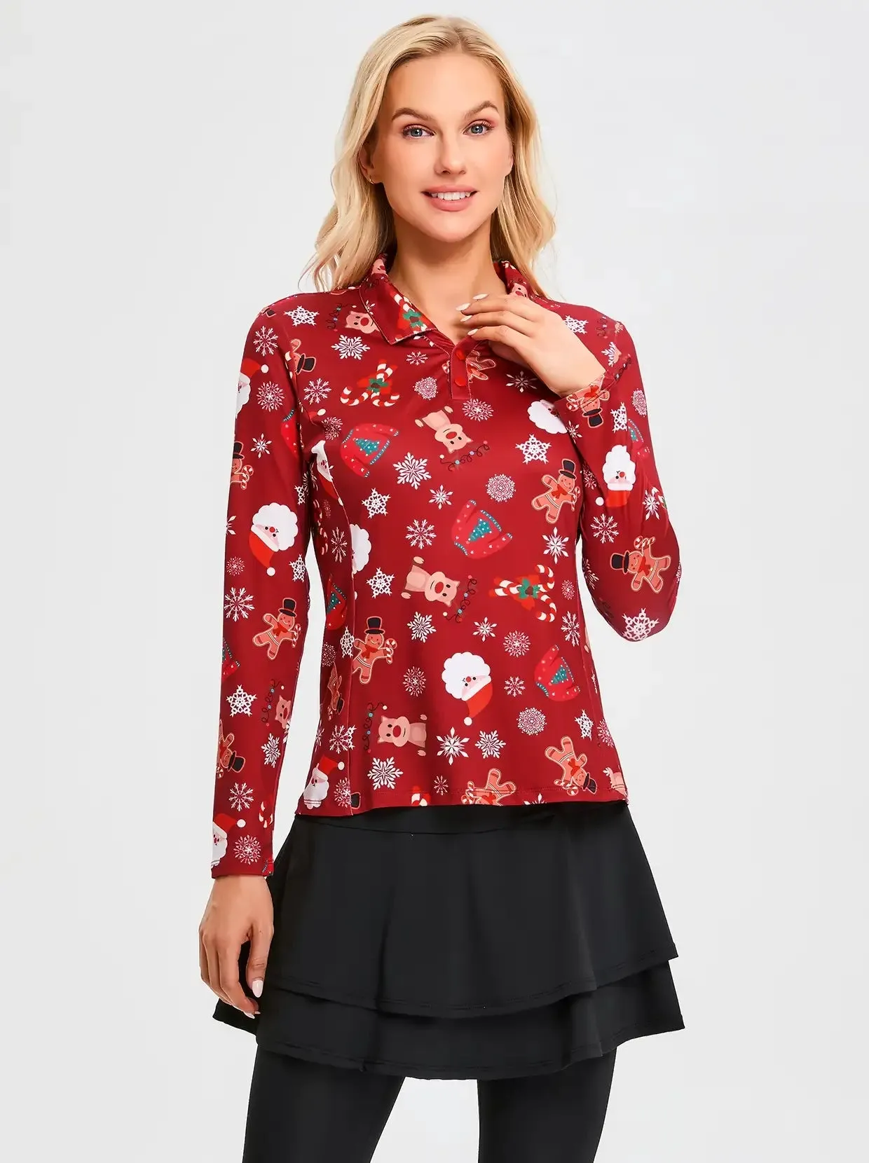 Christmas Elk Snowmen Pattern Polo Shirt for Women