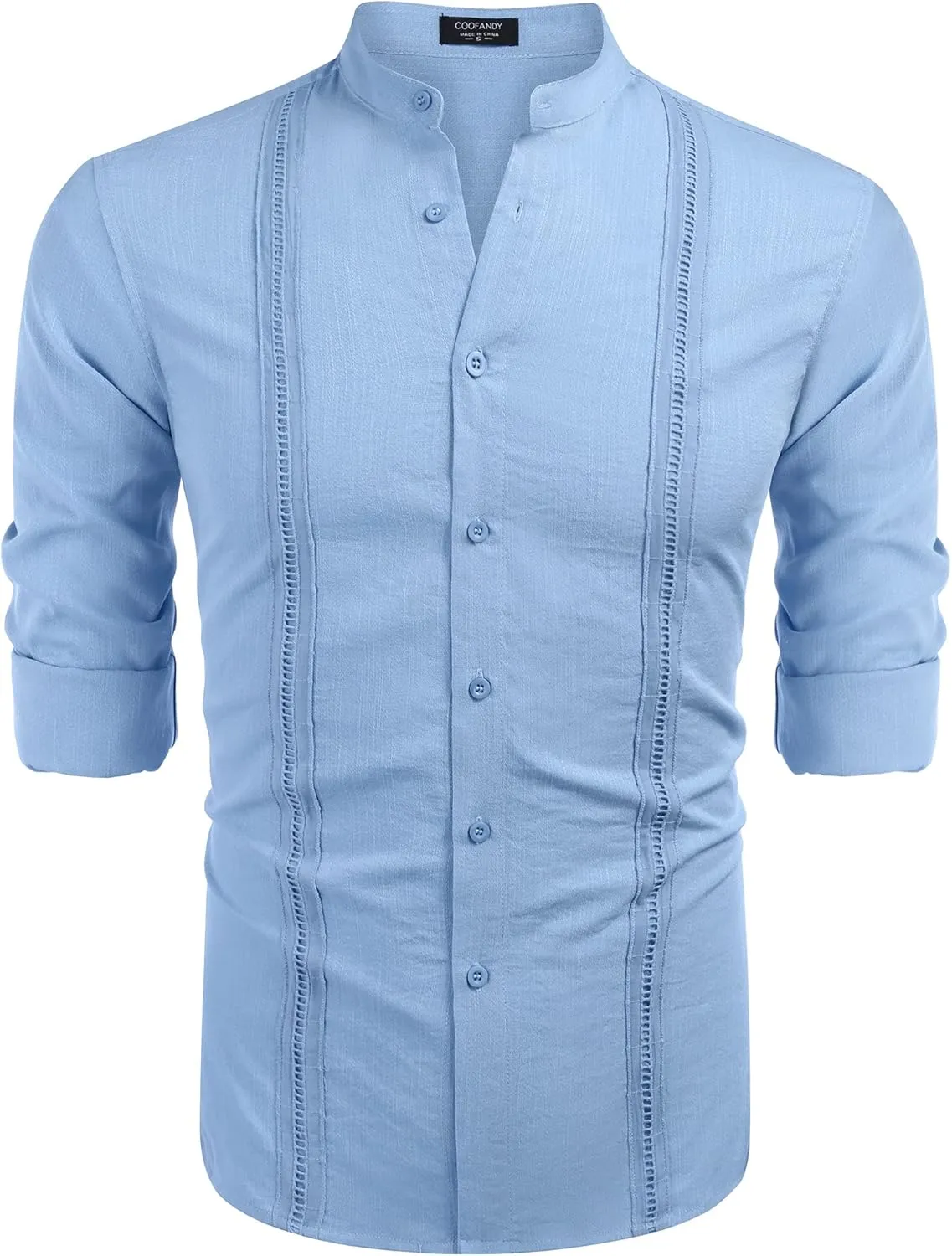 COOFANDY Men's Cuban Guayabera Shirts Casual Long Sleeve Button Down Shirts Band Collar Linen Summer Beach Shirts