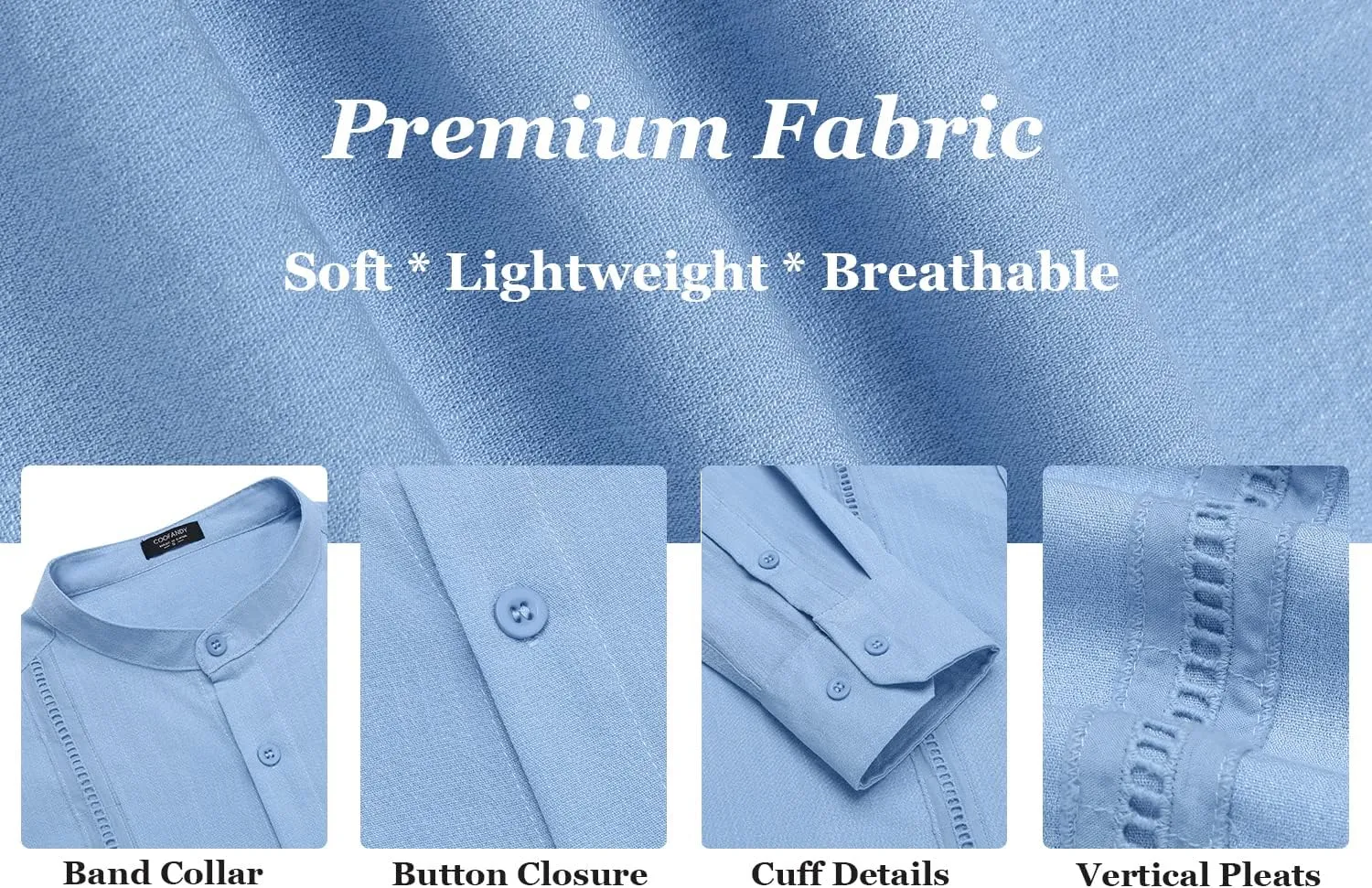 COOFANDY Men's Cuban Guayabera Shirts Casual Long Sleeve Button Down Shirts Band Collar Linen Summer Beach Shirts