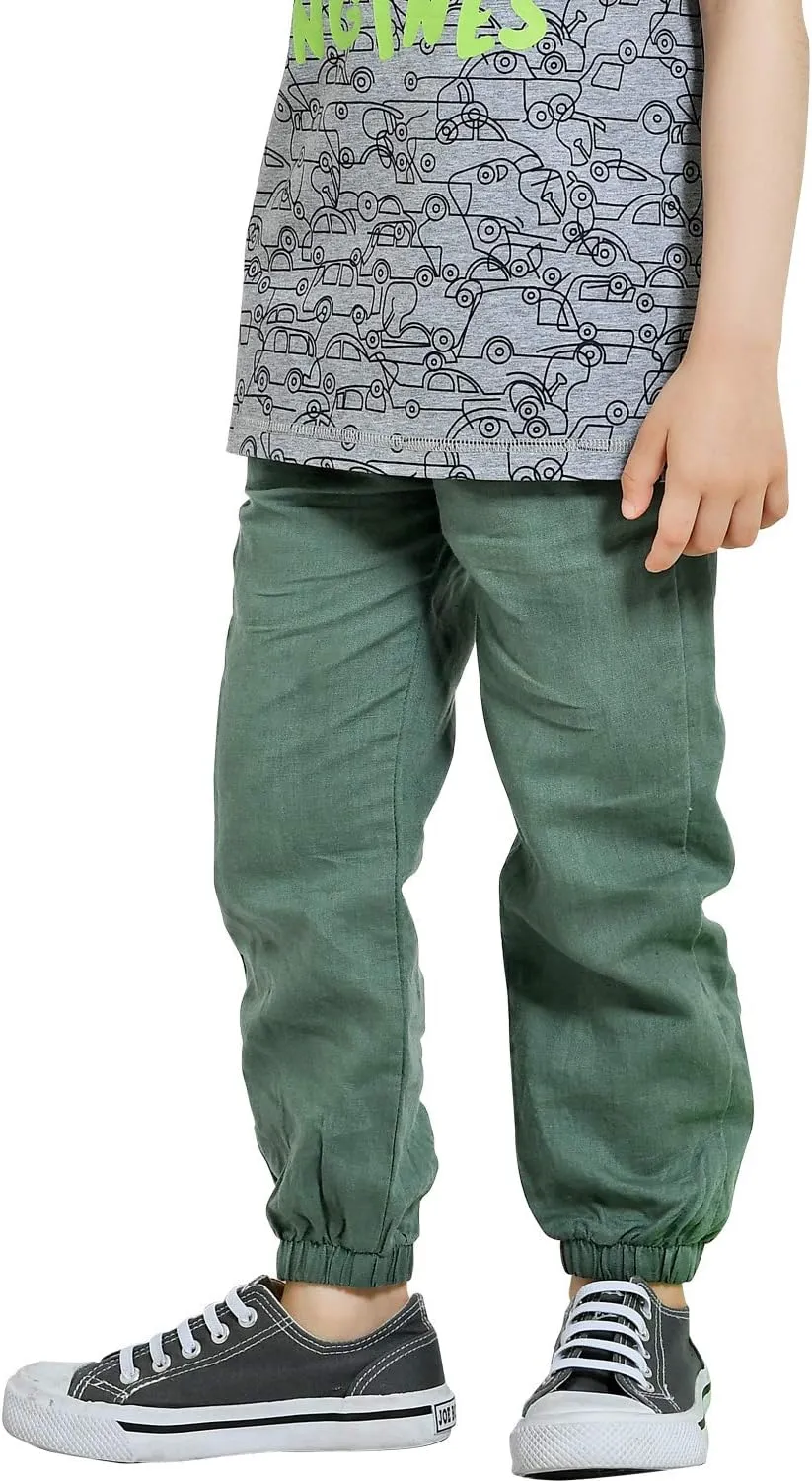 CUNYI Boys' Linen Pull-On Jogger Pants Solid Color Casual Pants
