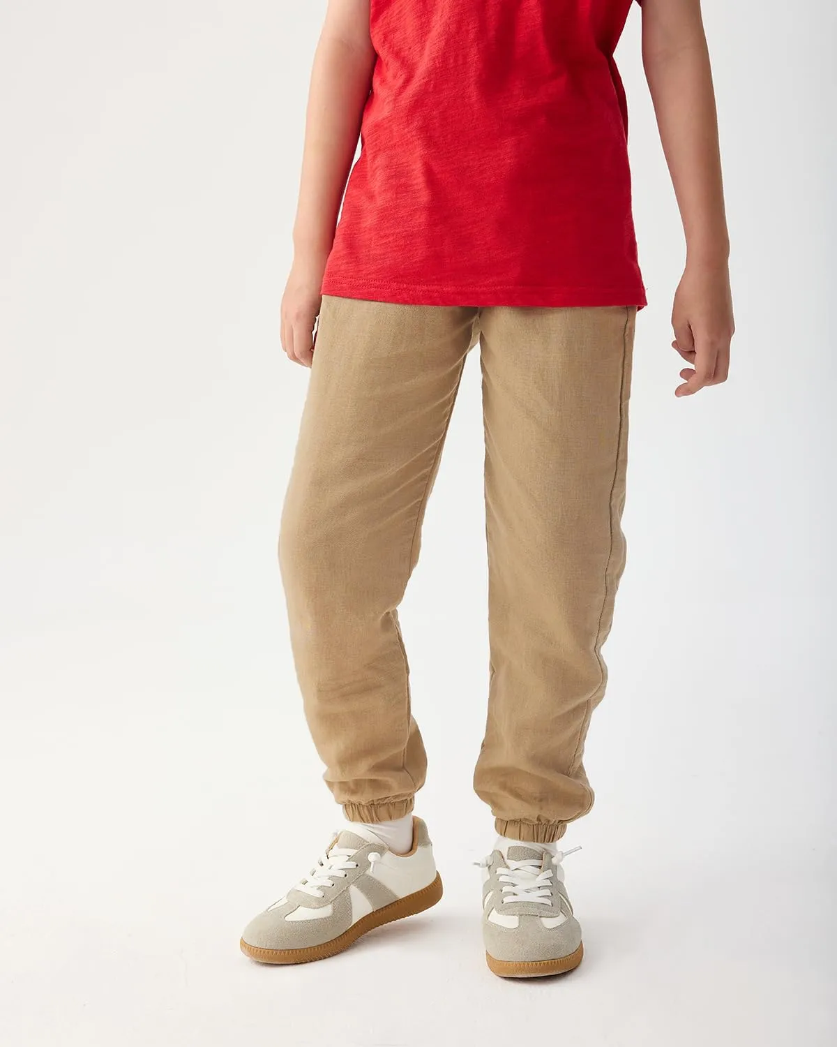 CUNYI Boys' Linen Pull-On Jogger Pants Solid Color Casual Pants