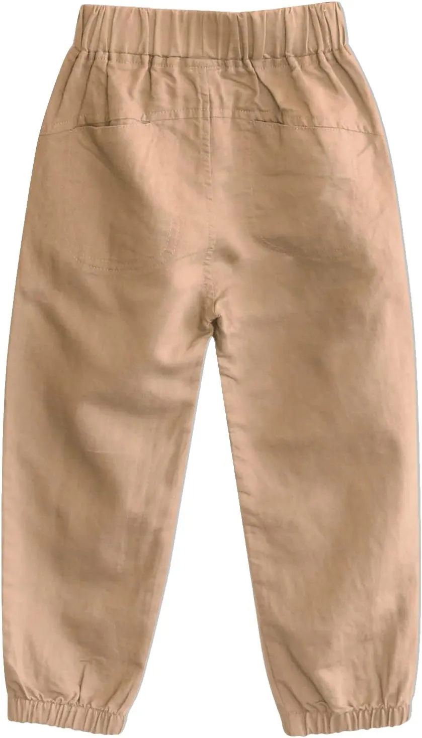 CUNYI Boys' Linen Pull-On Jogger Pants Solid Color Casual Pants