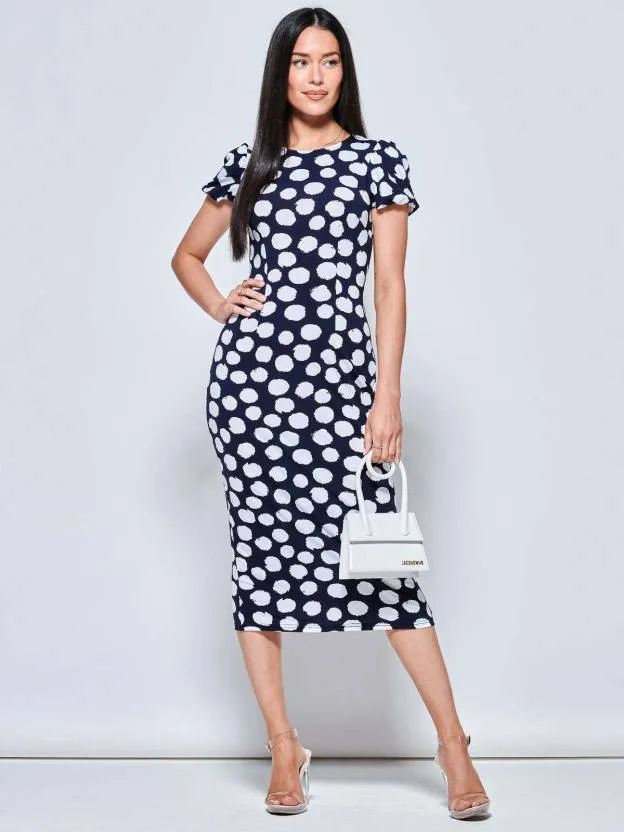 Dark Blue Polka Print Bodycon Dress