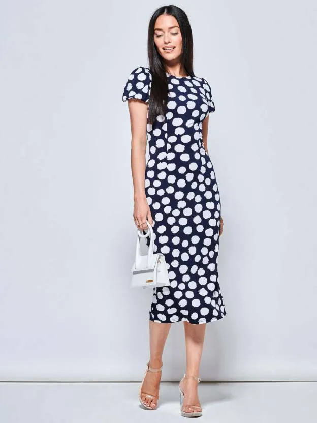 Dark Blue Polka Print Bodycon Dress