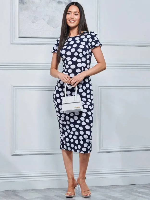 Dark Blue Polka Print Bodycon Dress