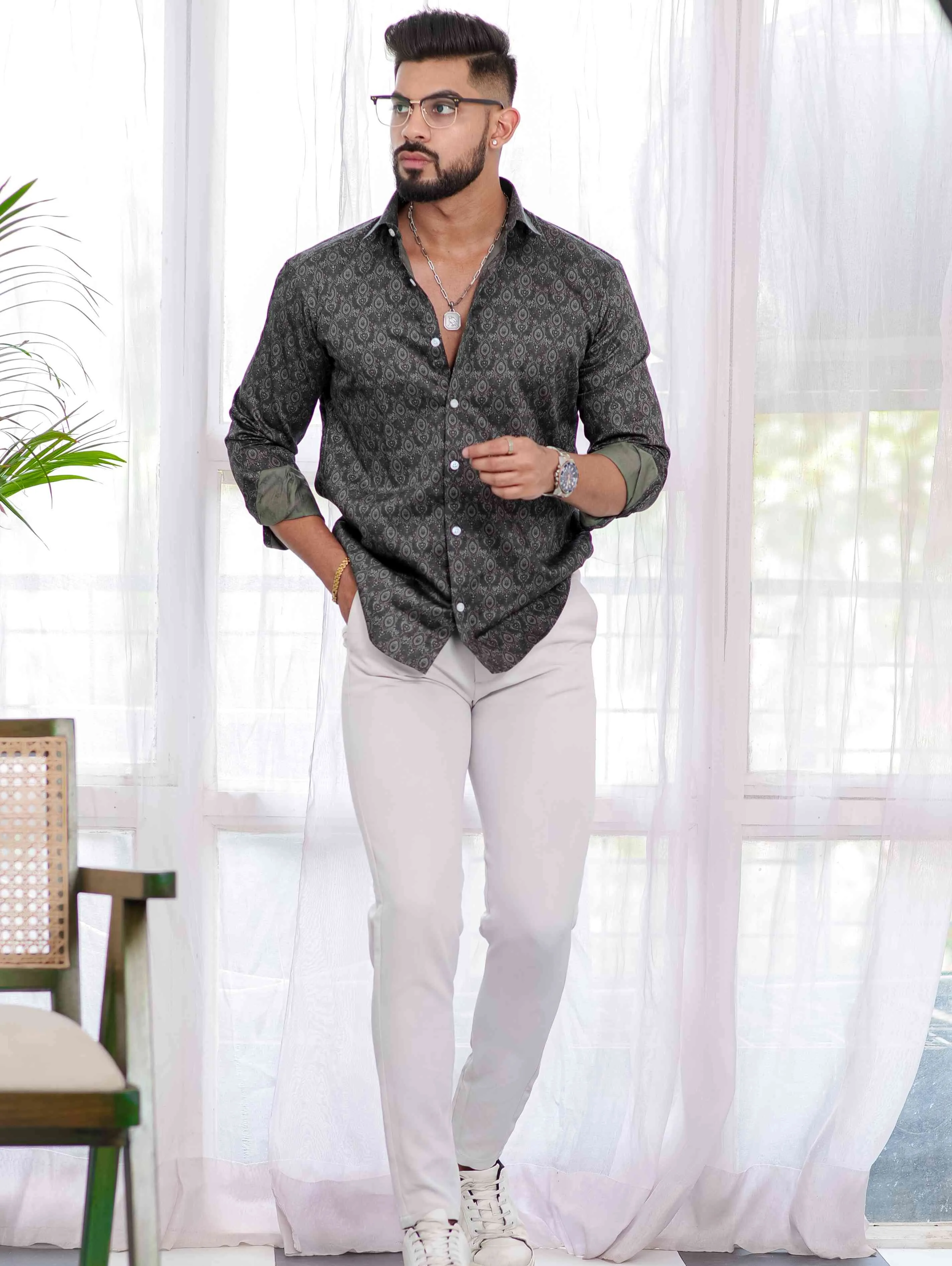 Dark Green Satin Print Premium Shirt