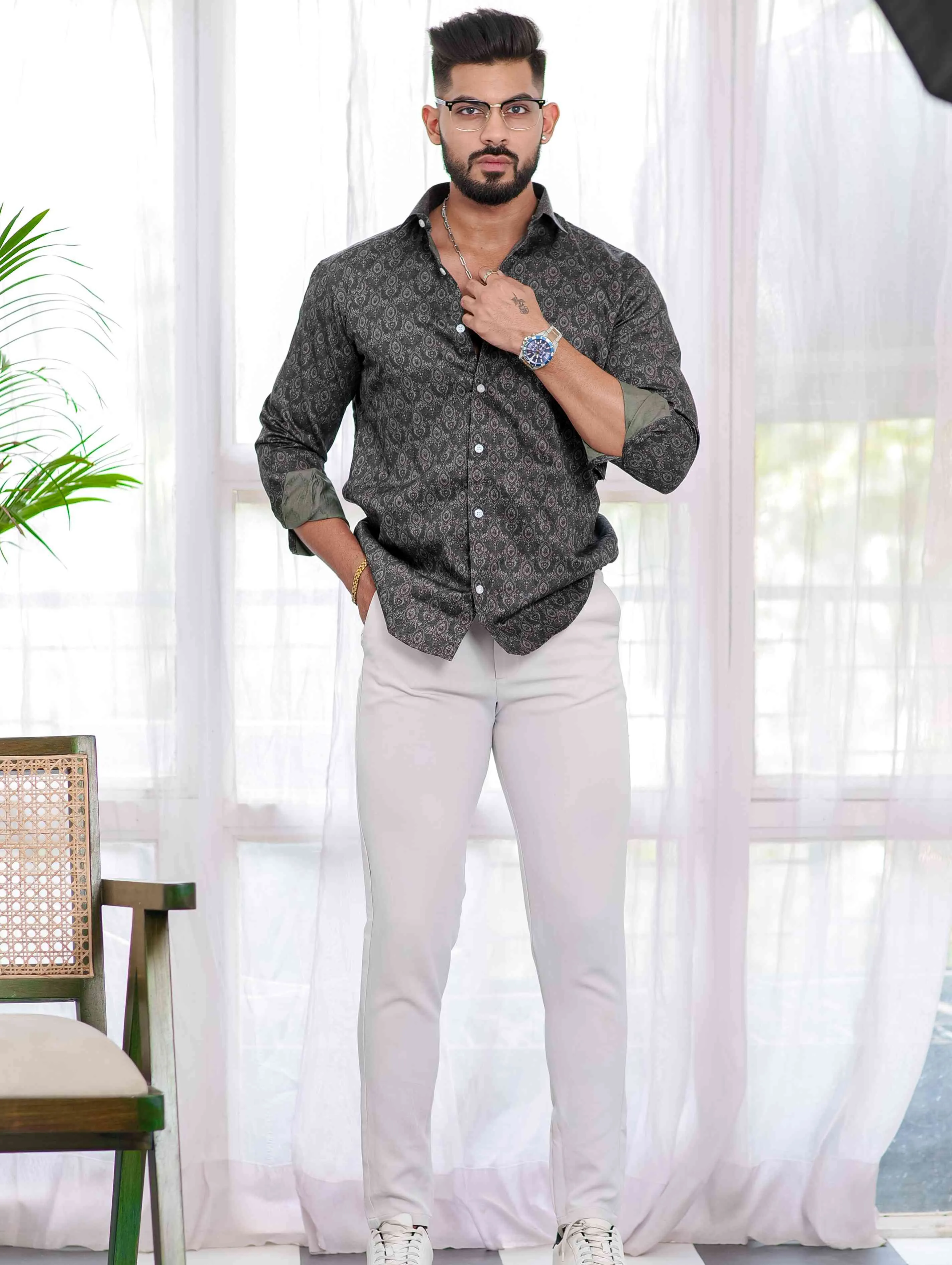 Dark Green Satin Print Premium Shirt