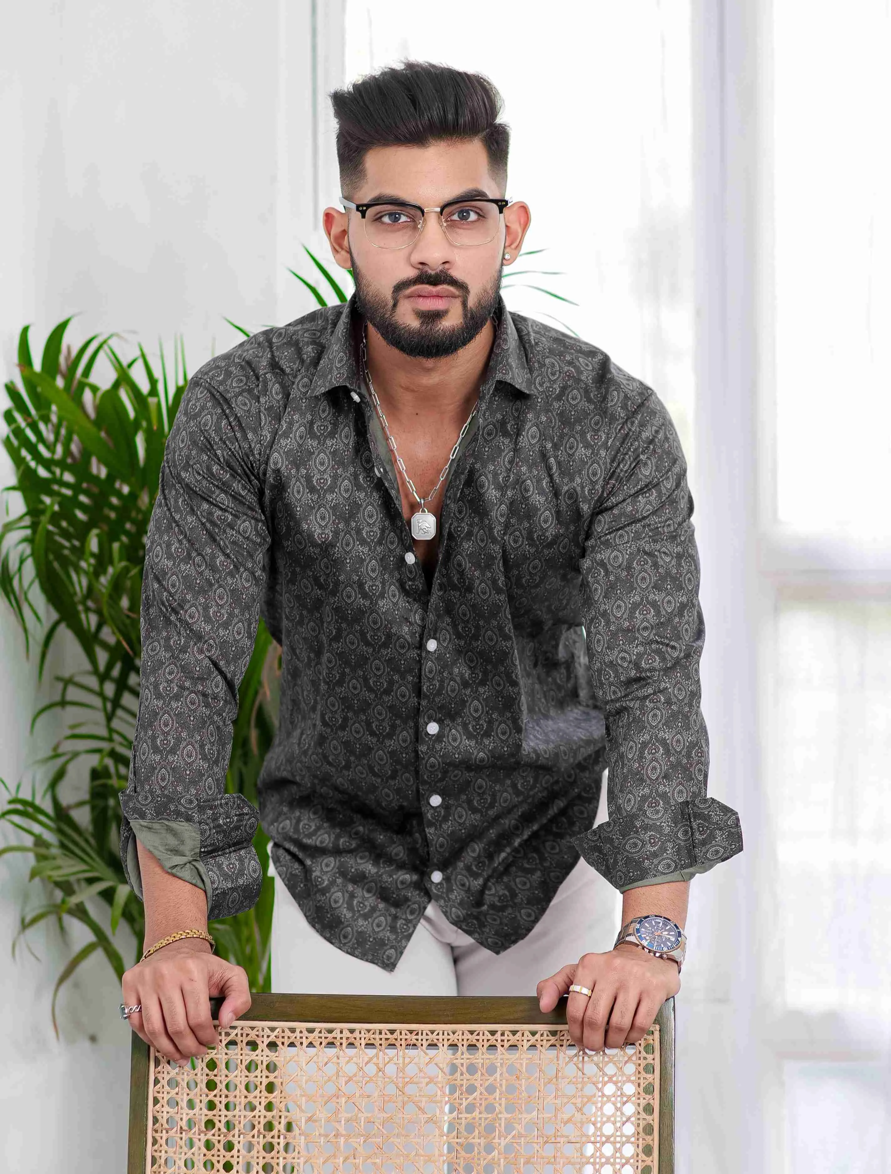 Dark Green Satin Print Premium Shirt