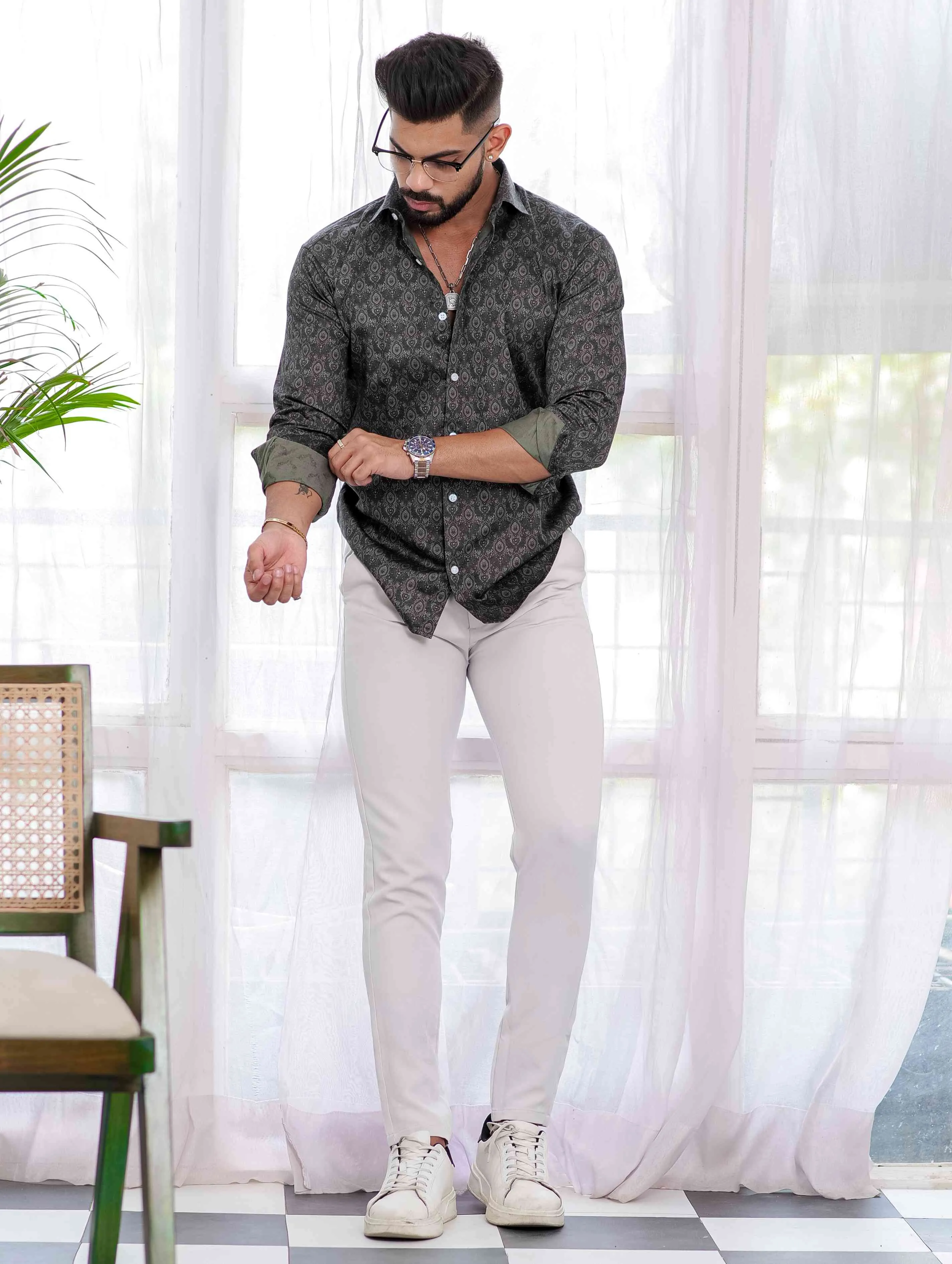 Dark Green Satin Print Premium Shirt