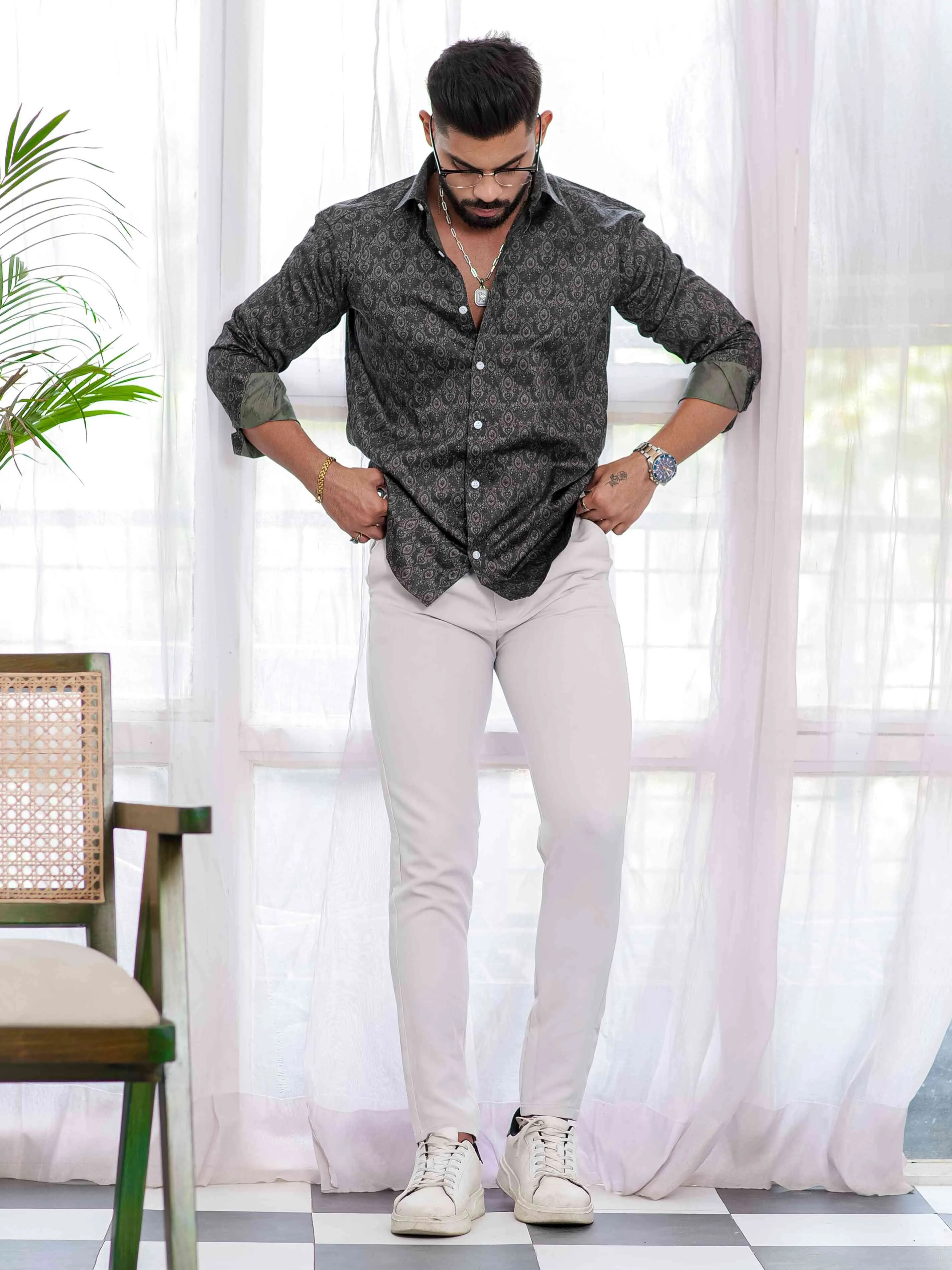 Dark Green Satin Print Premium Shirt
