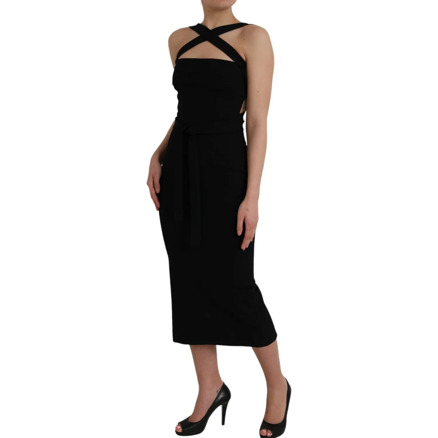 Dolce & Gabbana Black Sheath Halter Sleeveless Midi Dress
