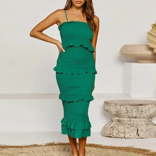 Elegant Solid Color Spaghetti Strap Midi Dress Women Summer Sexy