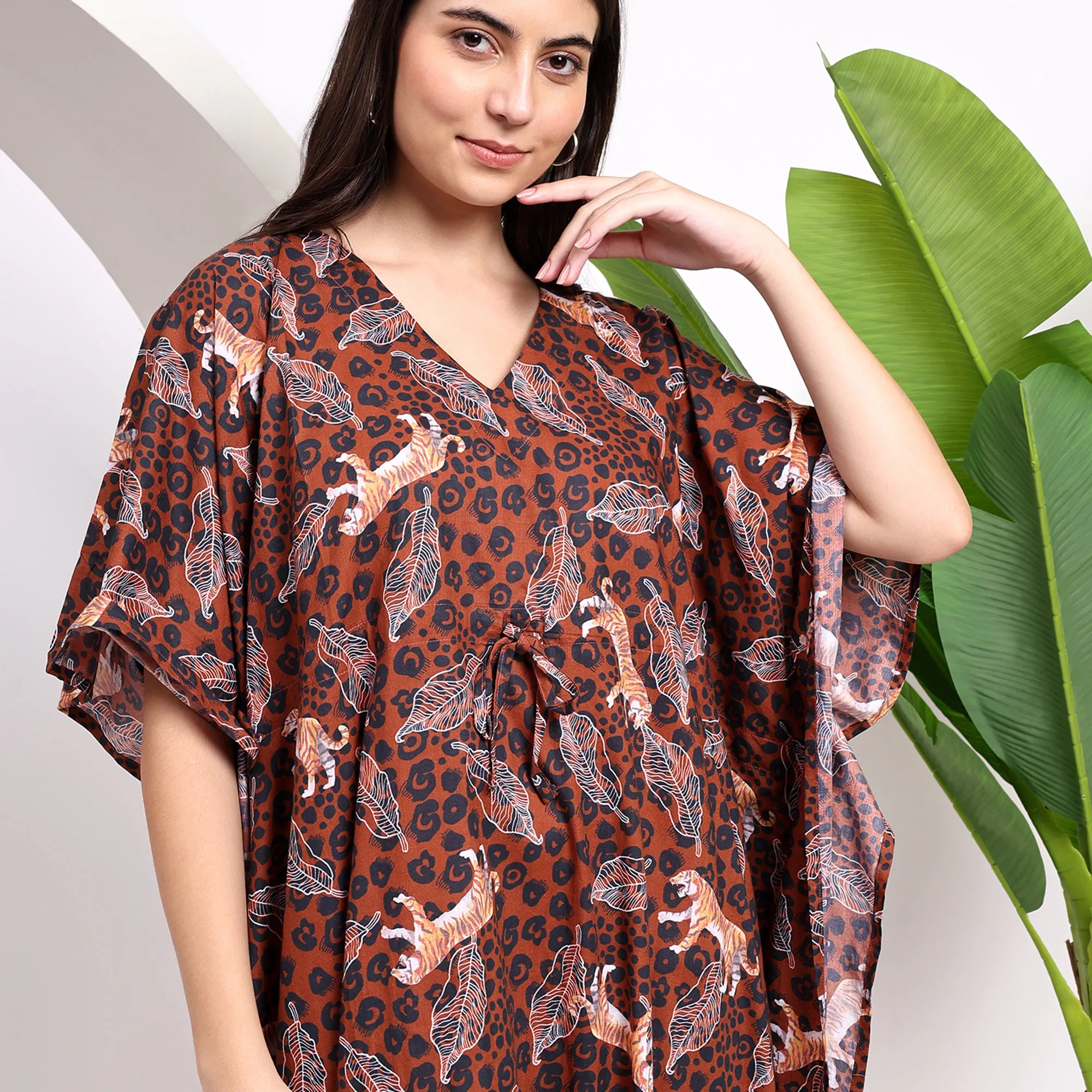 Fashion-Forward Brown Kaftan with Tiger Print – Shop Today!