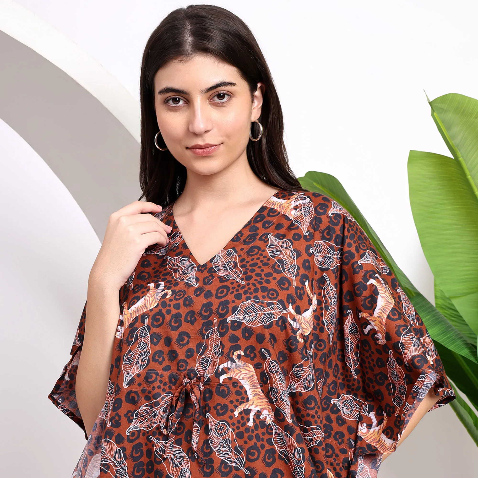Fashion-Forward Brown Kaftan with Tiger Print – Shop Today!