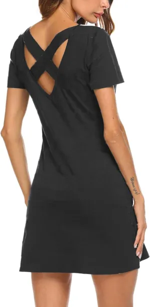Feager Women's Casual Striped Criss Cross Short Sleeve T Shirt Dress
