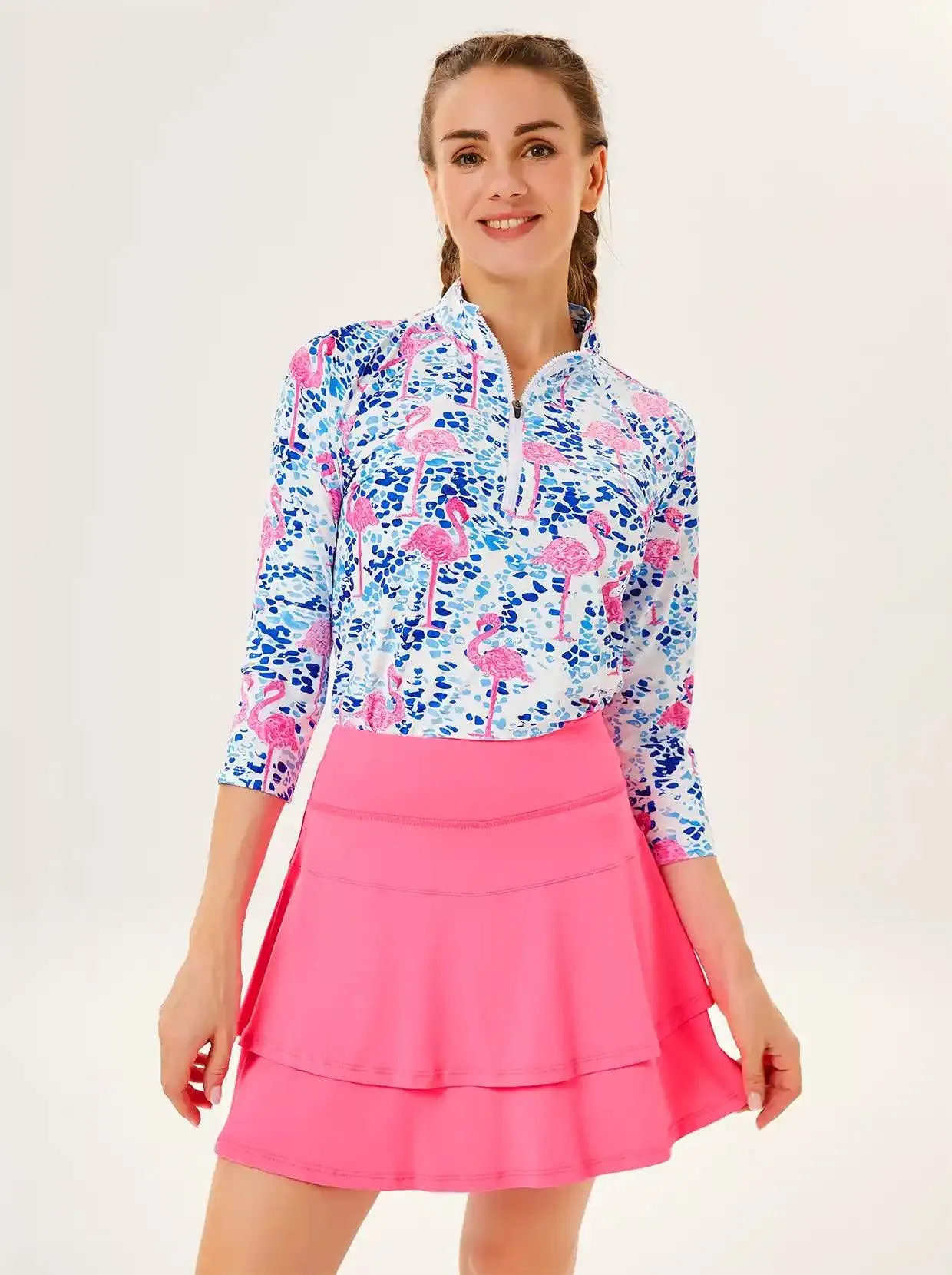 Flamingo Print Athletic Shirts Quarter-zip 3/4 Sleeve Shirt for Women