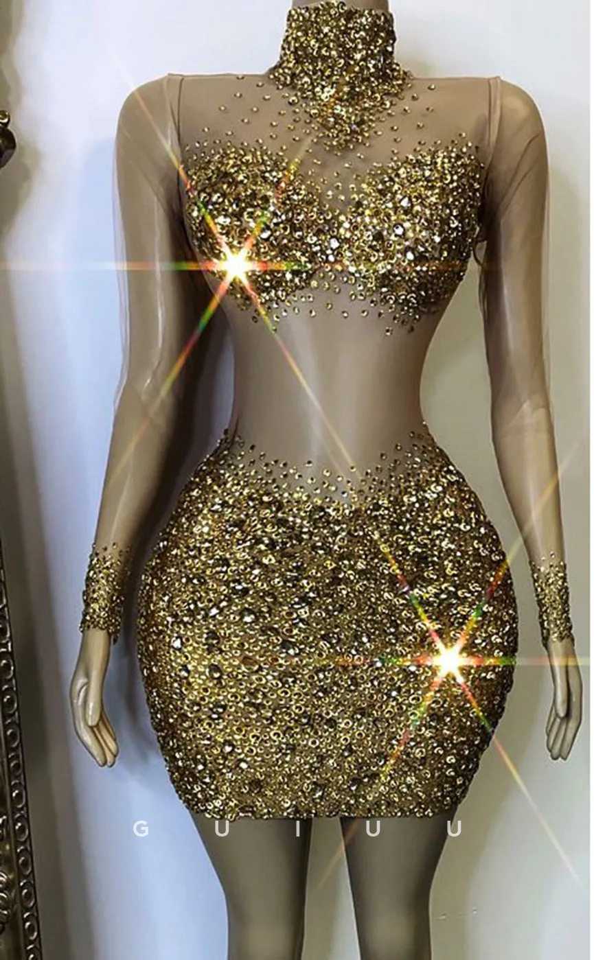 GH692 - Sexy Sheath High Neck Beaded Illusion Short Homecoming Dress For Black Women