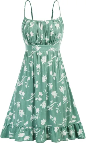 GRACE KARIN Women's Spaghetti Strap Floral Dress Ruffle Hem Pleated Casual Summer Dress Boho Flowy Midi Beach Dress