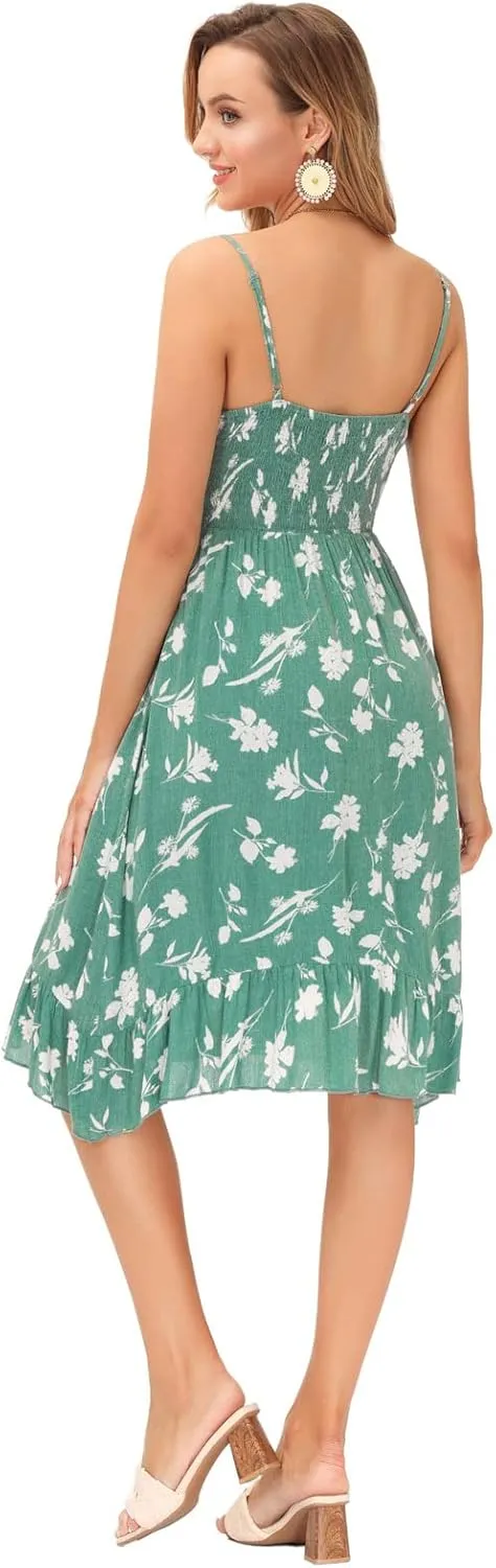 GRACE KARIN Women's Spaghetti Strap Floral Dress Ruffle Hem Pleated Casual Summer Dress Boho Flowy Midi Beach Dress