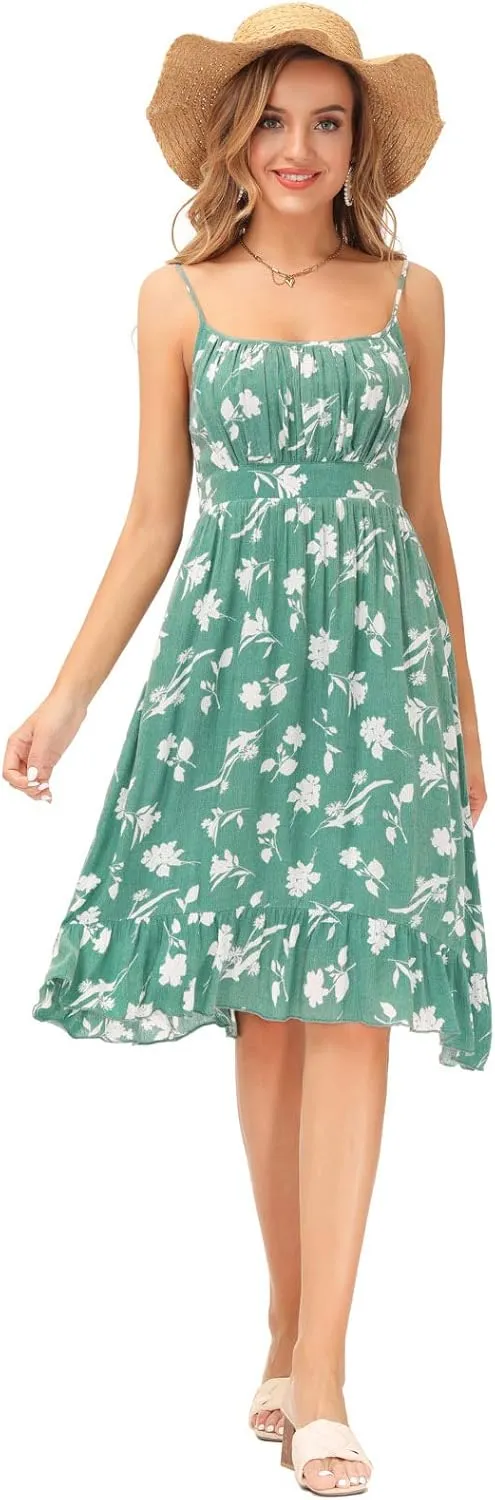 GRACE KARIN Women's Spaghetti Strap Floral Dress Ruffle Hem Pleated Casual Summer Dress Boho Flowy Midi Beach Dress