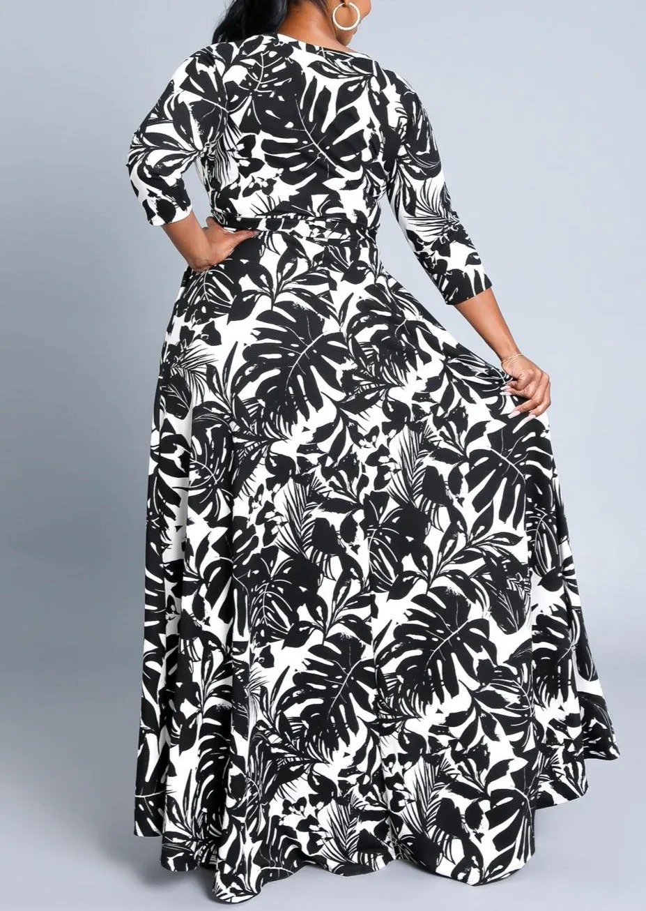 Hi Curvy Plus Size Women Leaf Print Flare Warp Maxi Dress with Pockets