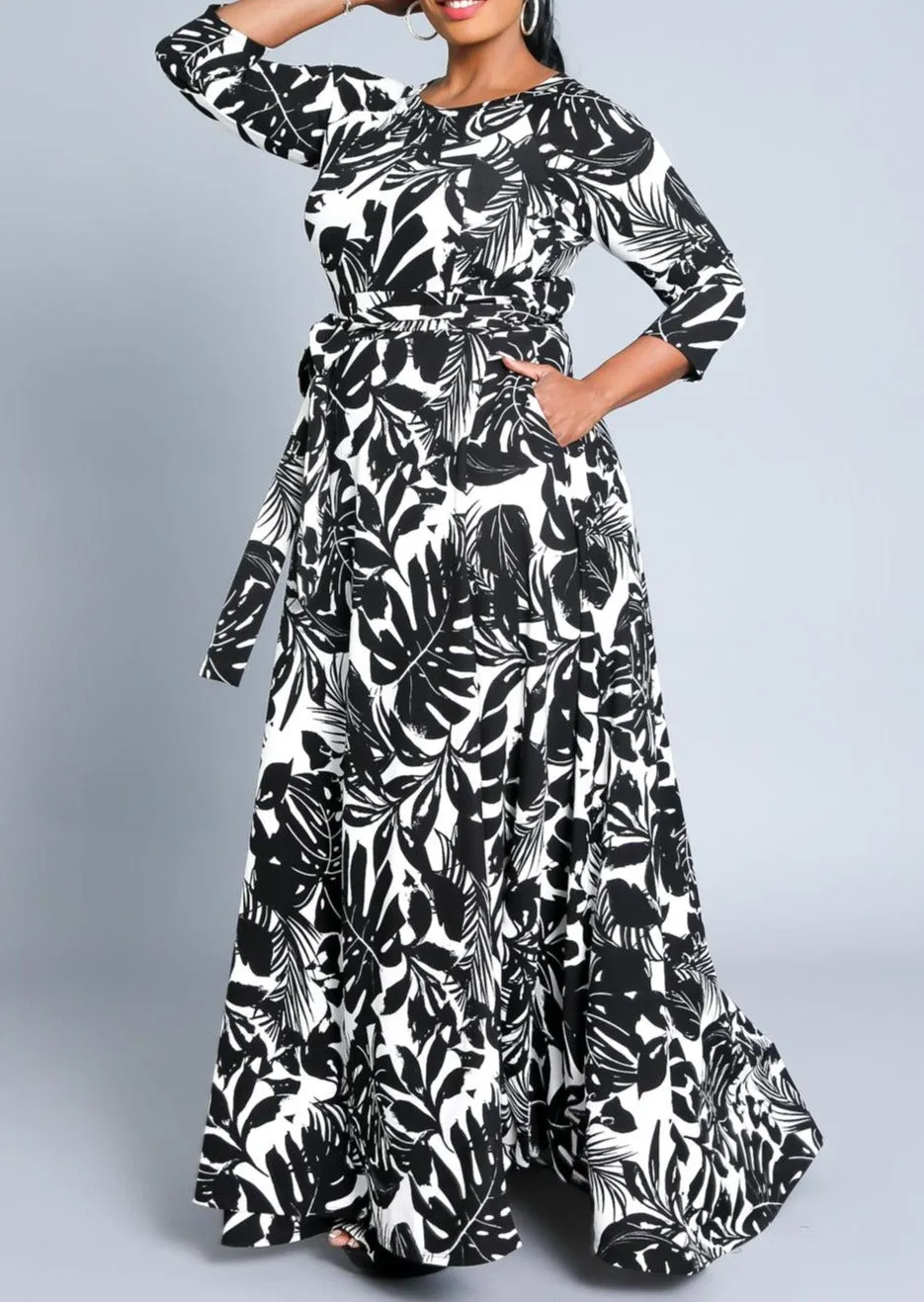 Hi Curvy Plus Size Women Leaf Print Flare Warp Maxi Dress with Pockets