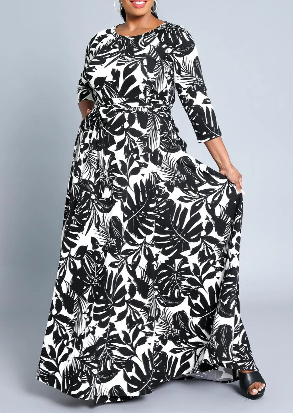 Hi Curvy Plus Size Women Leaf Print Flare Warp Maxi Dress with Pockets
