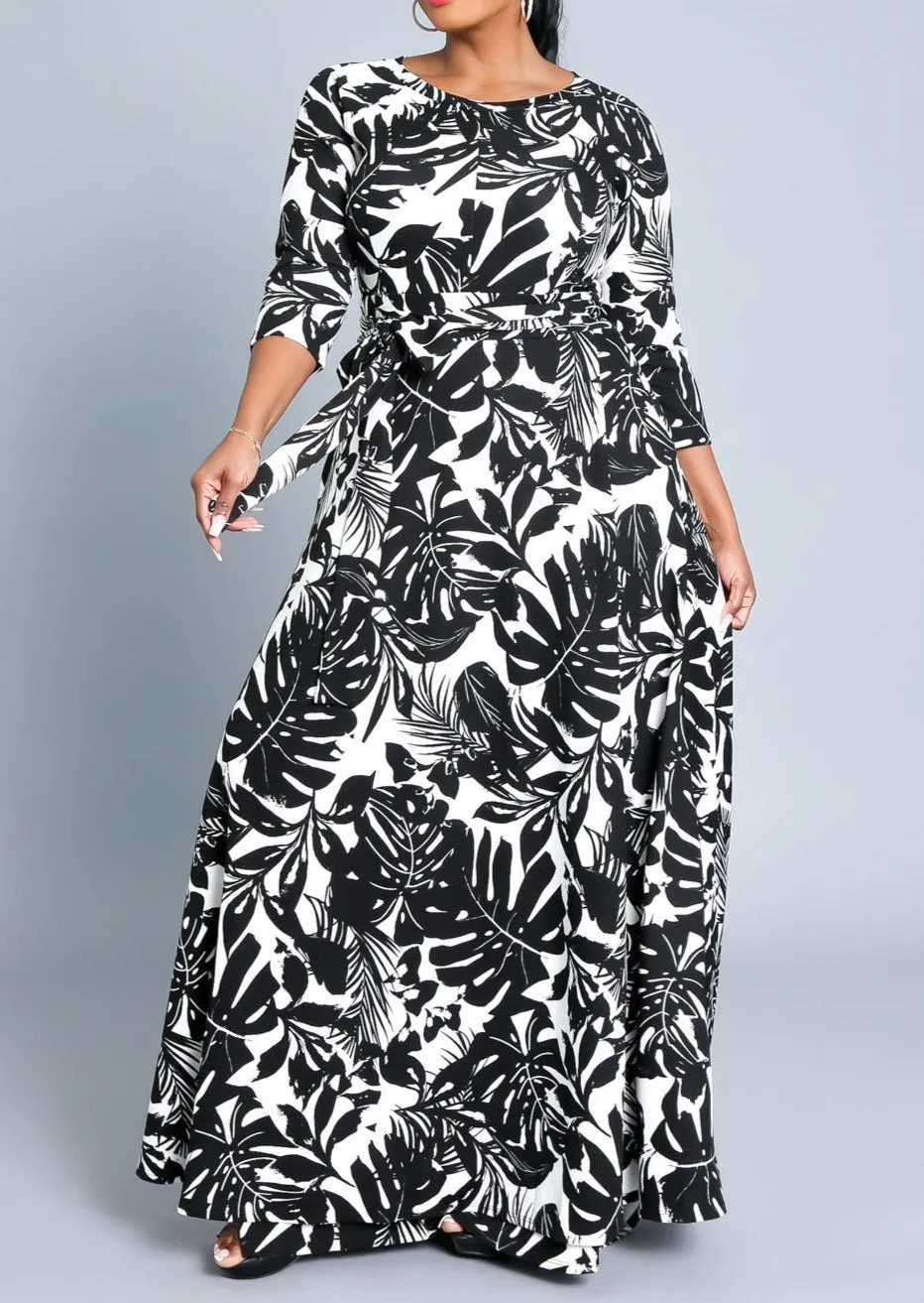 Hi Curvy Plus Size Women Leaf Print Flare Warp Maxi Dress with Pockets