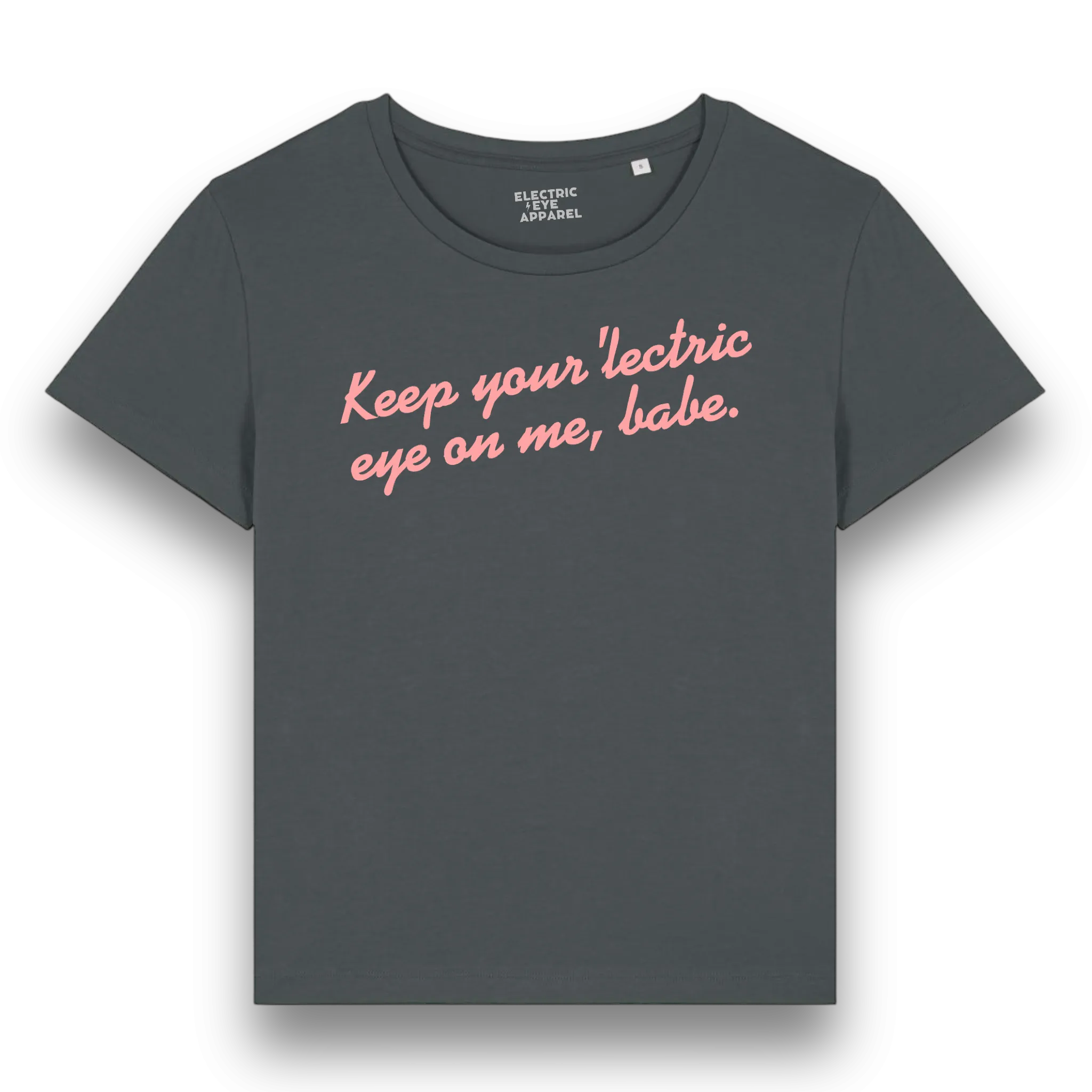 'KEEP YOUR 'LECTRIC EYE ON ME, BABE' embroidered premium organic iconic mid-light women's 'serena' t-shirt - inspired by David Bowie