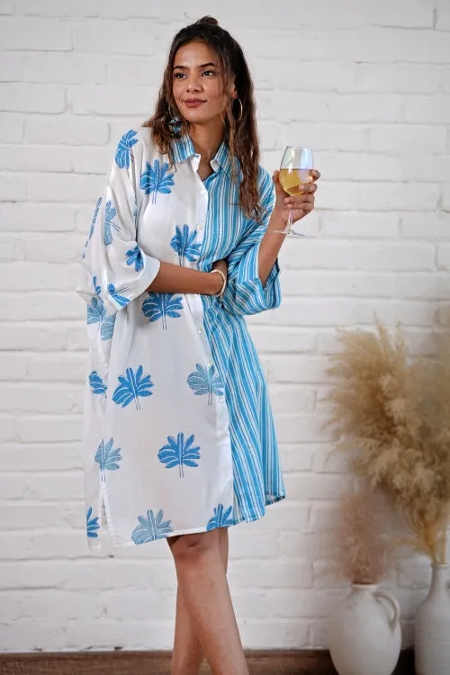 Kristen In Blue Hand Block Printed Oversize Shirt