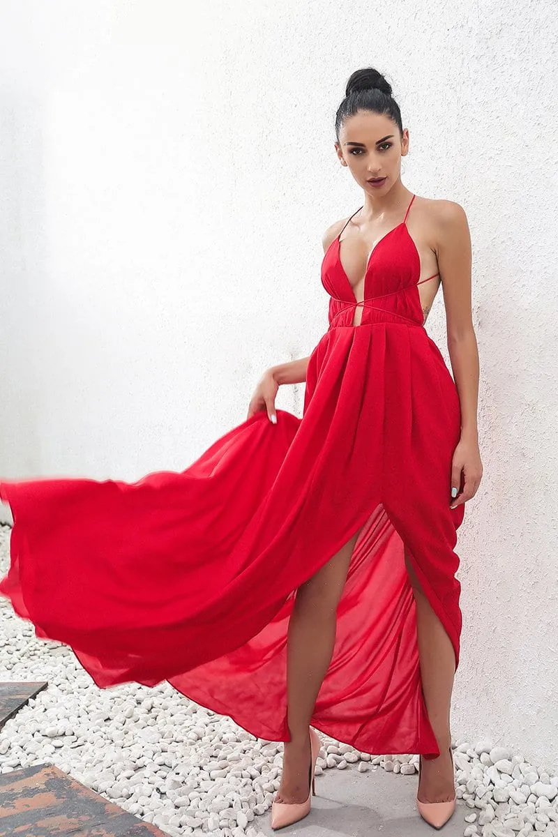Lady in red elegant backless maxi dress