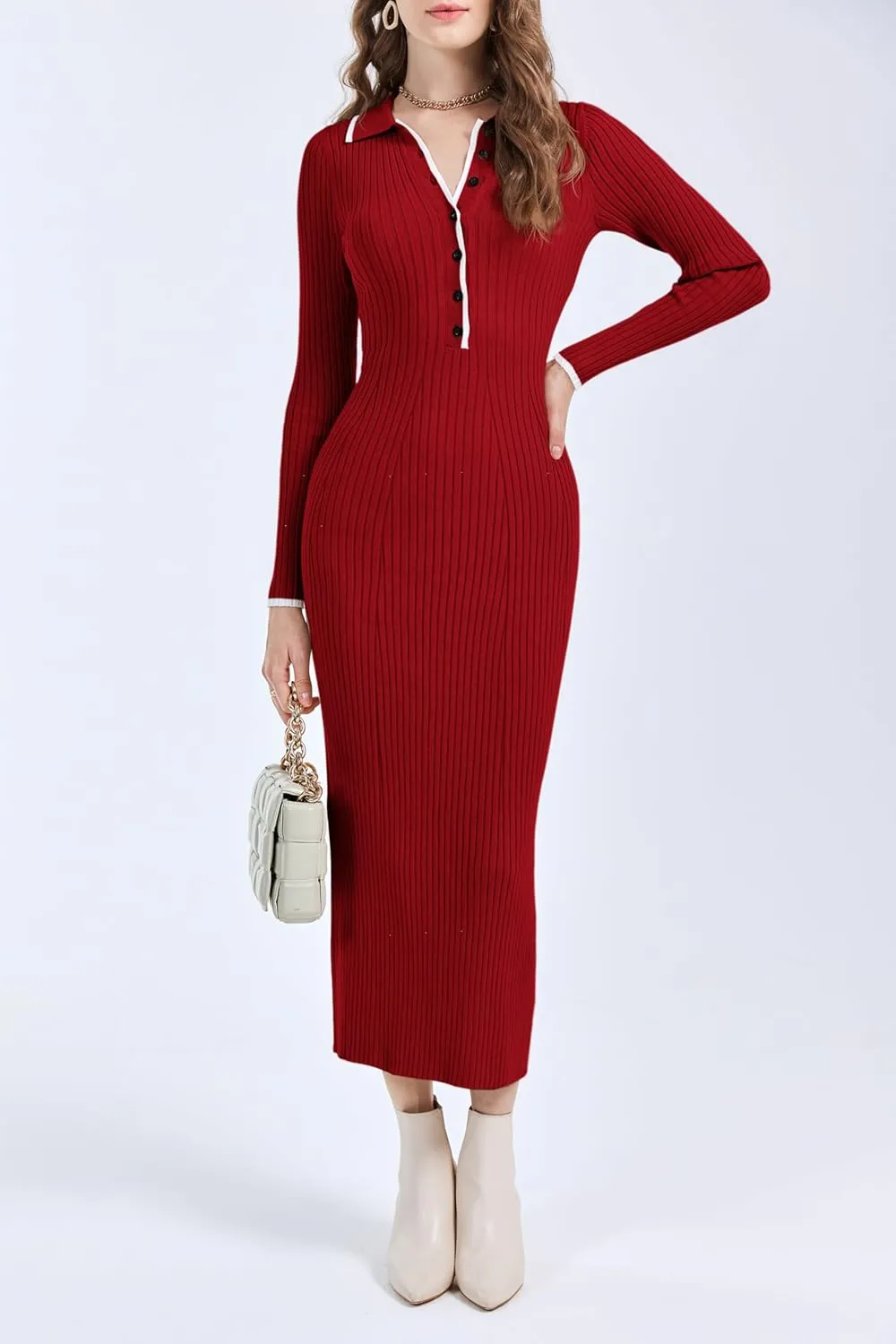 Langwyqu Womens Knit Long Sweater Dress Button V Neck Collared Long Sleeve Ribbed Bodycon Pullover 2024 Fall Maxi Dresses