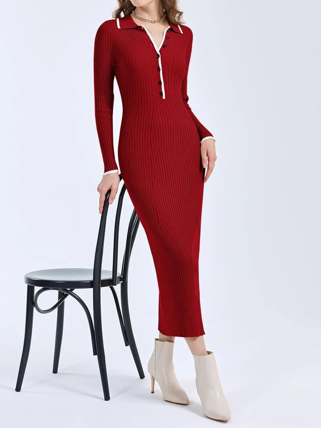 Langwyqu Womens Knit Long Sweater Dress Button V Neck Collared Long Sleeve Ribbed Bodycon Pullover 2024 Fall Maxi Dresses