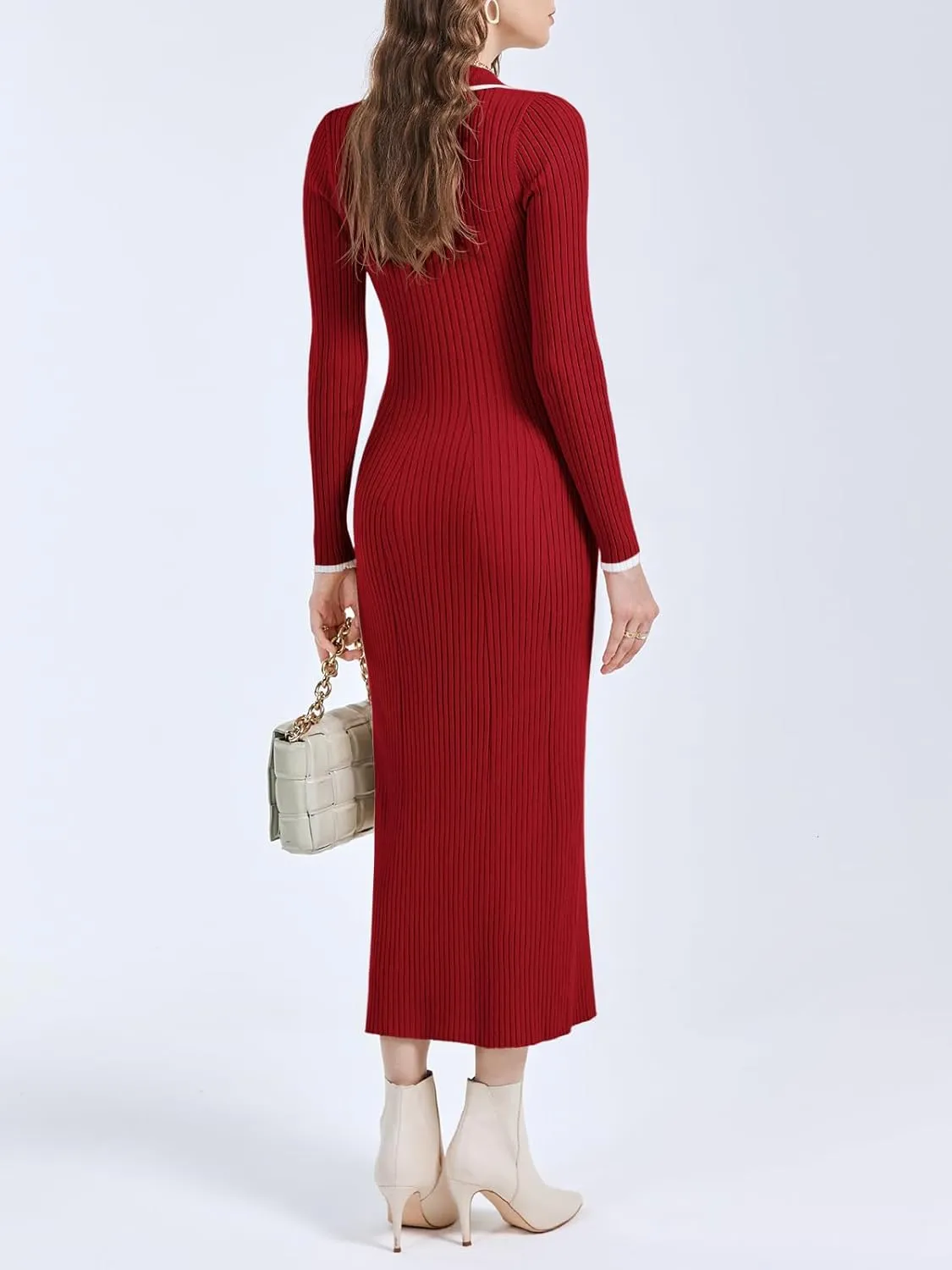 Langwyqu Womens Knit Long Sweater Dress Button V Neck Collared Long Sleeve Ribbed Bodycon Pullover 2024 Fall Maxi Dresses