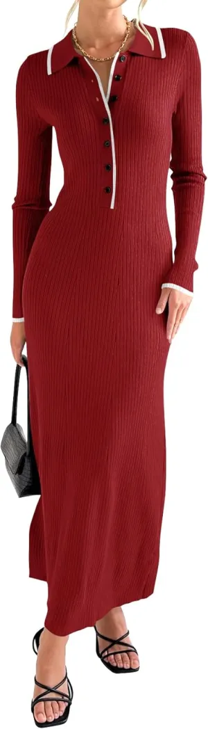 Langwyqu Womens Knit Long Sweater Dress Button V Neck Collared Long Sleeve Ribbed Bodycon Pullover 2024 Fall Maxi Dresses