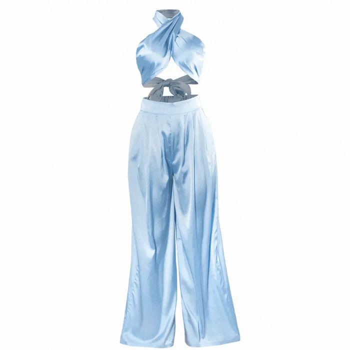 Light Blue Halter Wrap Top And Palazzo Satin Pants Set