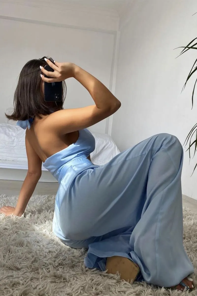 Light Blue Halter Wrap Top And Palazzo Satin Pants Set