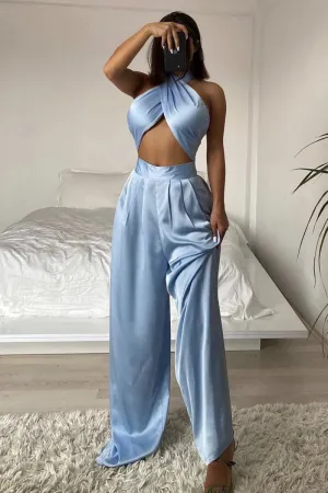 Light Blue Halter Wrap Top And Palazzo Satin Pants Set