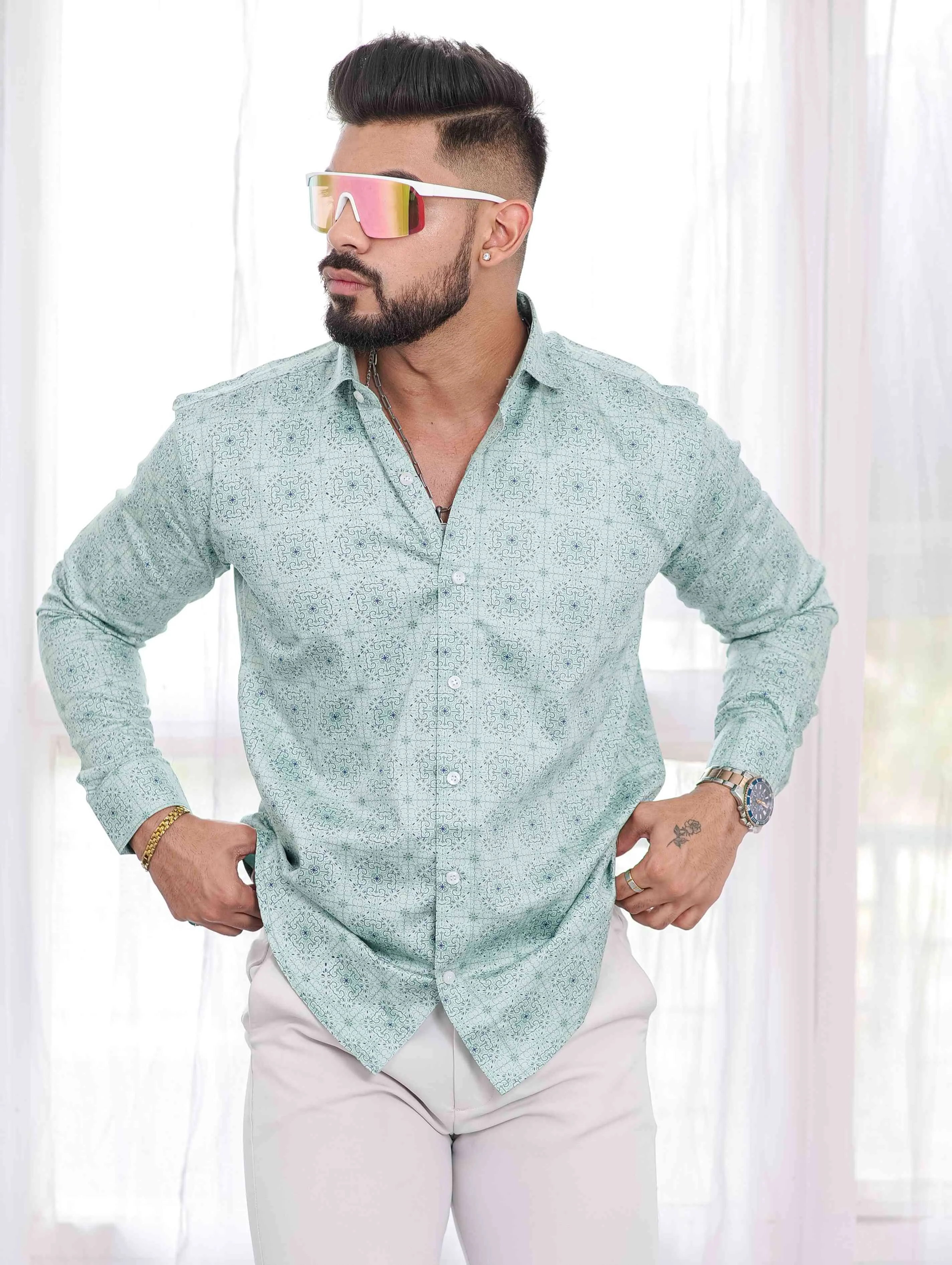 Light Green Satin Print Premium Shirt
