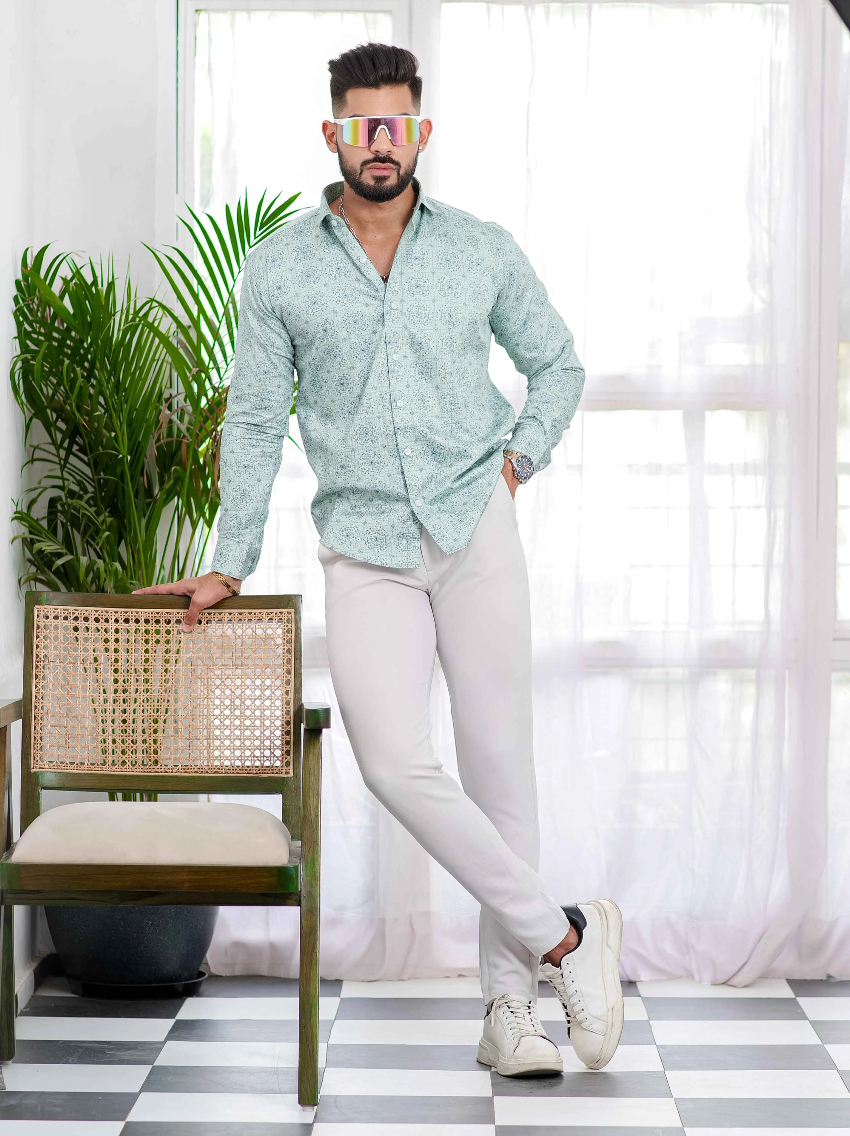 Light Green Satin Print Premium Shirt