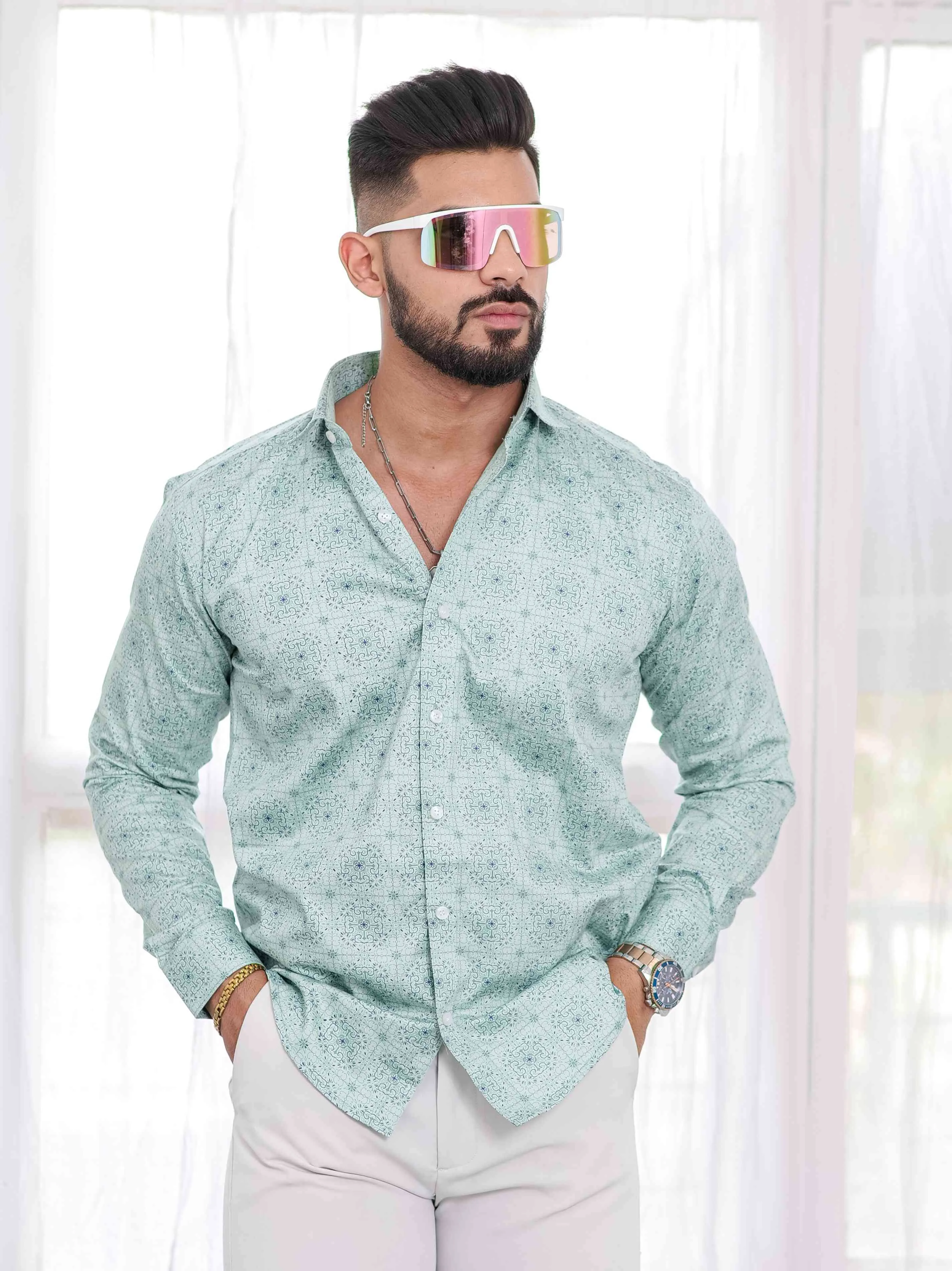 Light Green Satin Print Premium Shirt