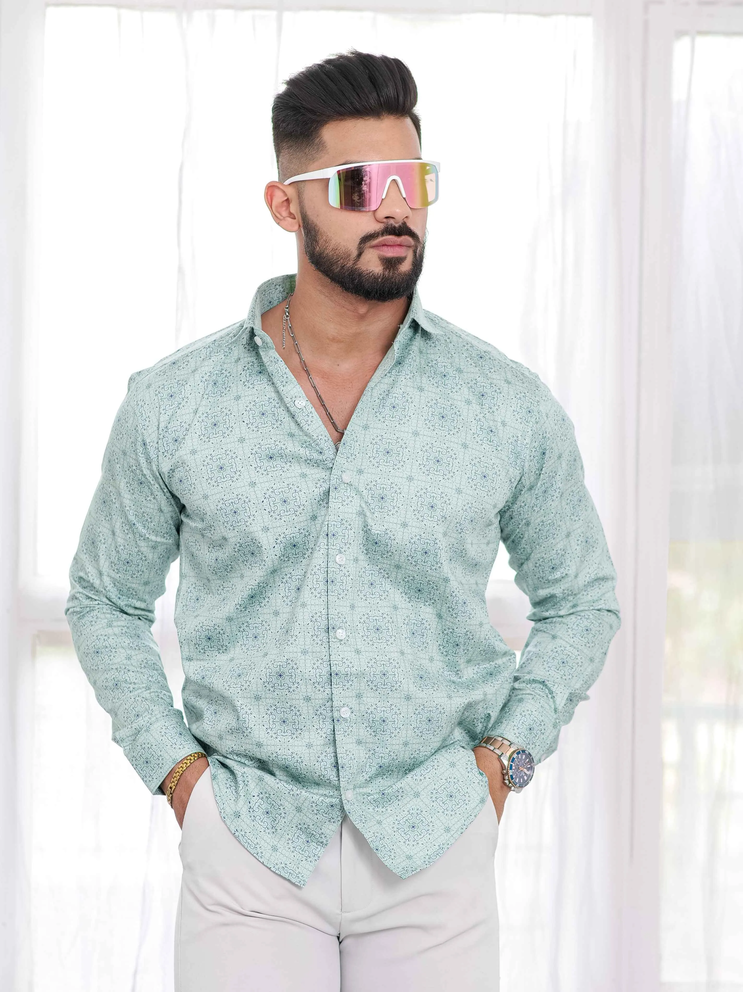 Light Green Satin Print Premium Shirt