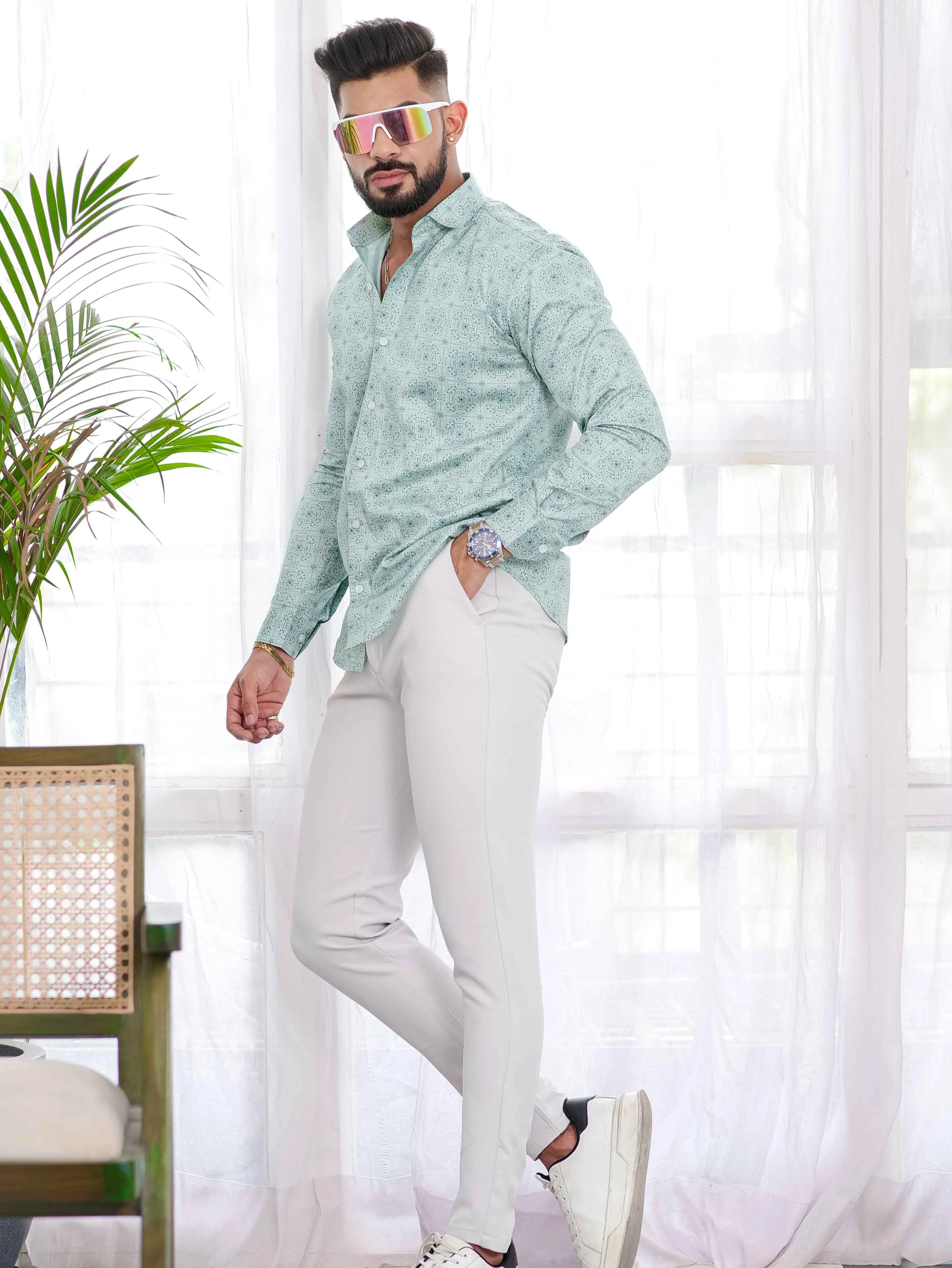 Light Green Satin Print Premium Shirt